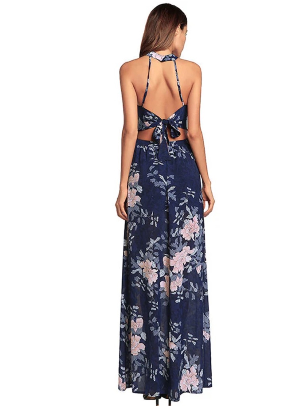 5/$25🌼 Navy Floral Halter Maxi Dress with Slit perfect for summer wedding - Picture 5 of 13